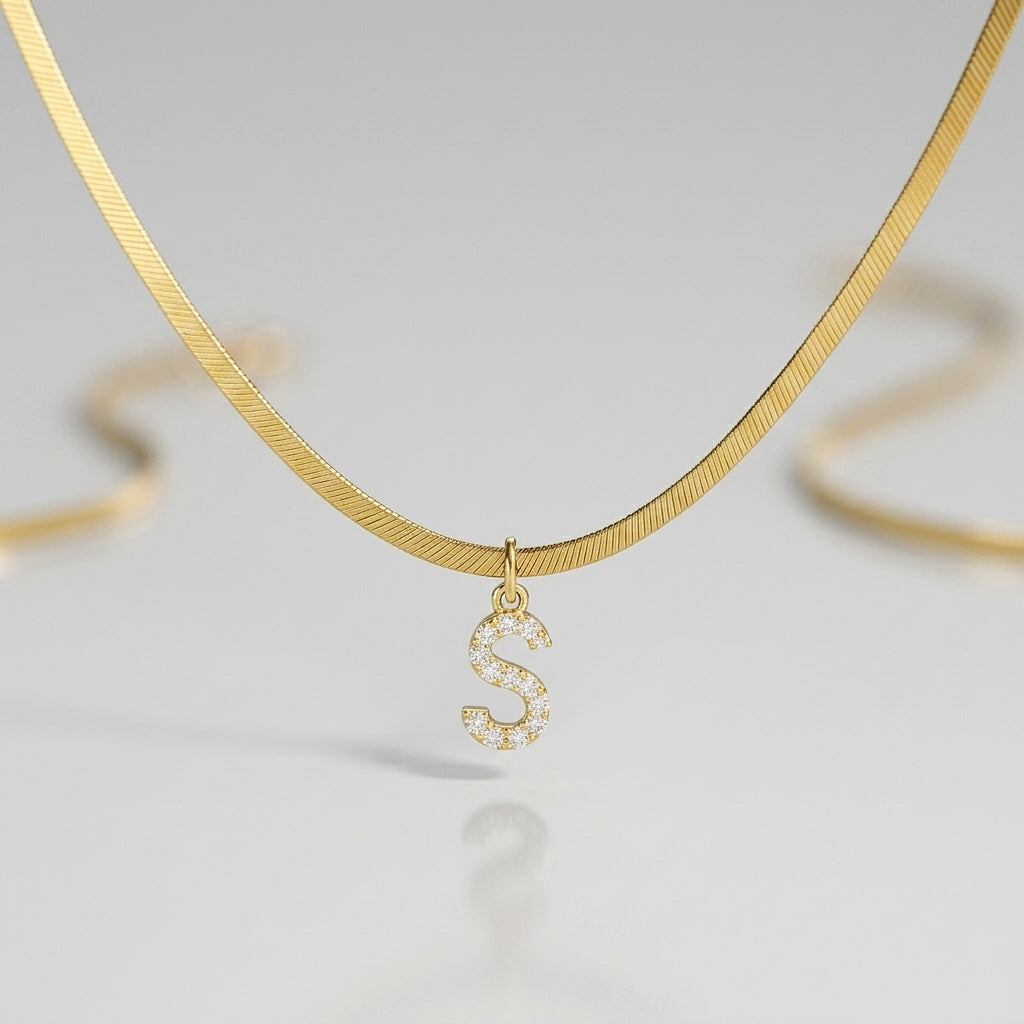Diamond Initial Herringbone Necklace — waterproof jewelry