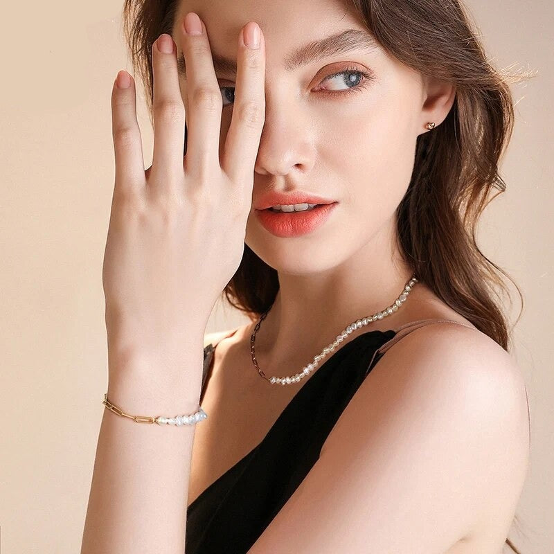 18K Gold Paper Clip Pearl Bracelet — waterproof jewelry