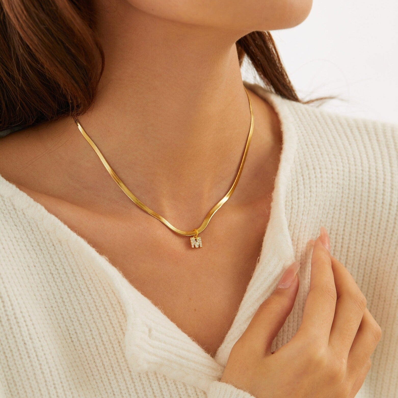 Diamond Initial Herringbone Necklace — waterproof jewelry