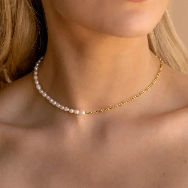 18K Gold Paper Clip Pearl Necklace — view 2